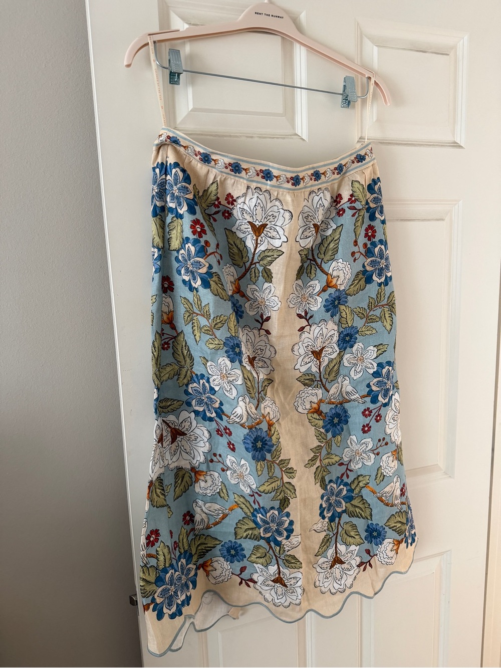Farm Rio Floral Embroidered Light Blue & Cream Midi Skirt